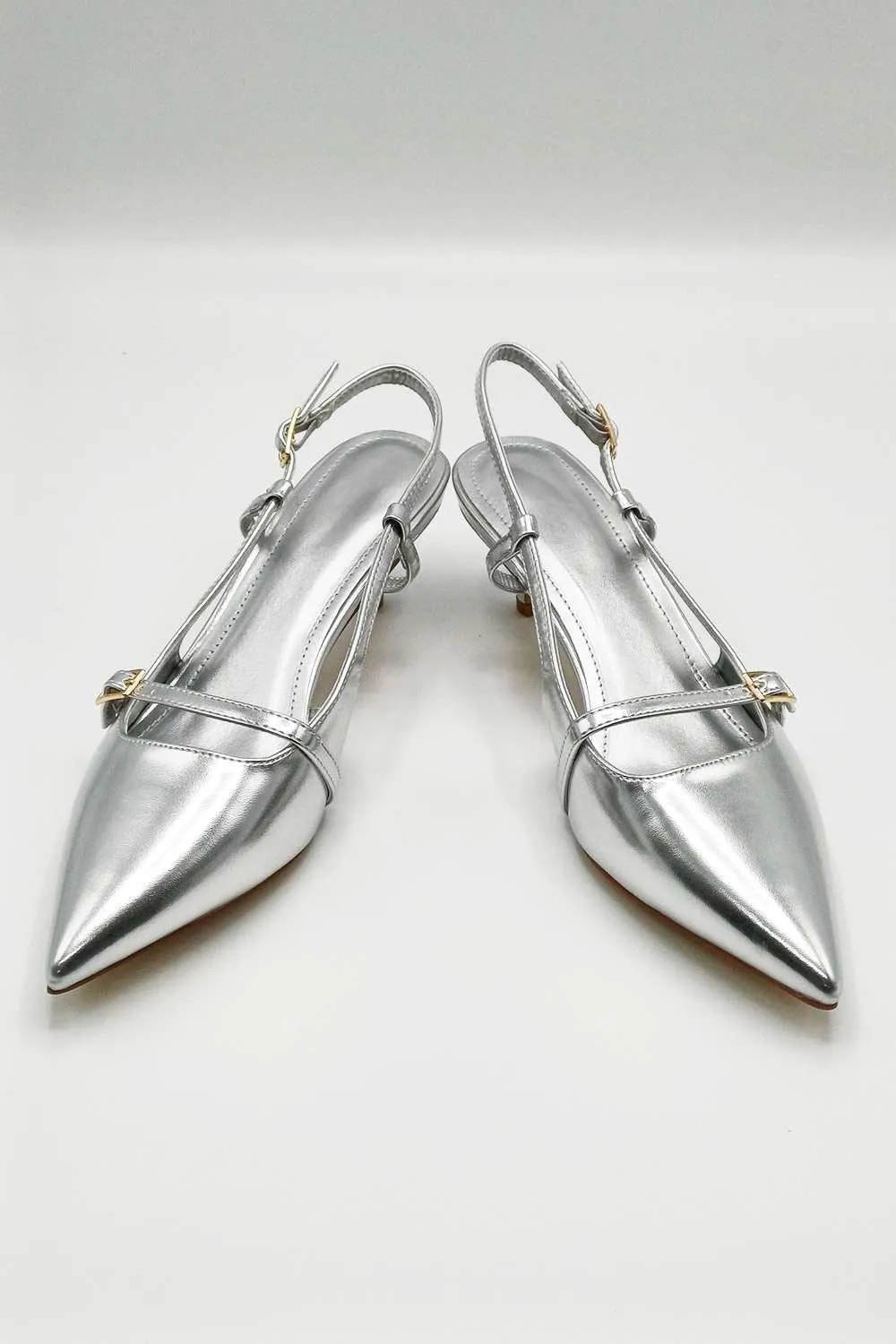 Moranna Buckle Strap Kitten Heel Court Shoes in Silver