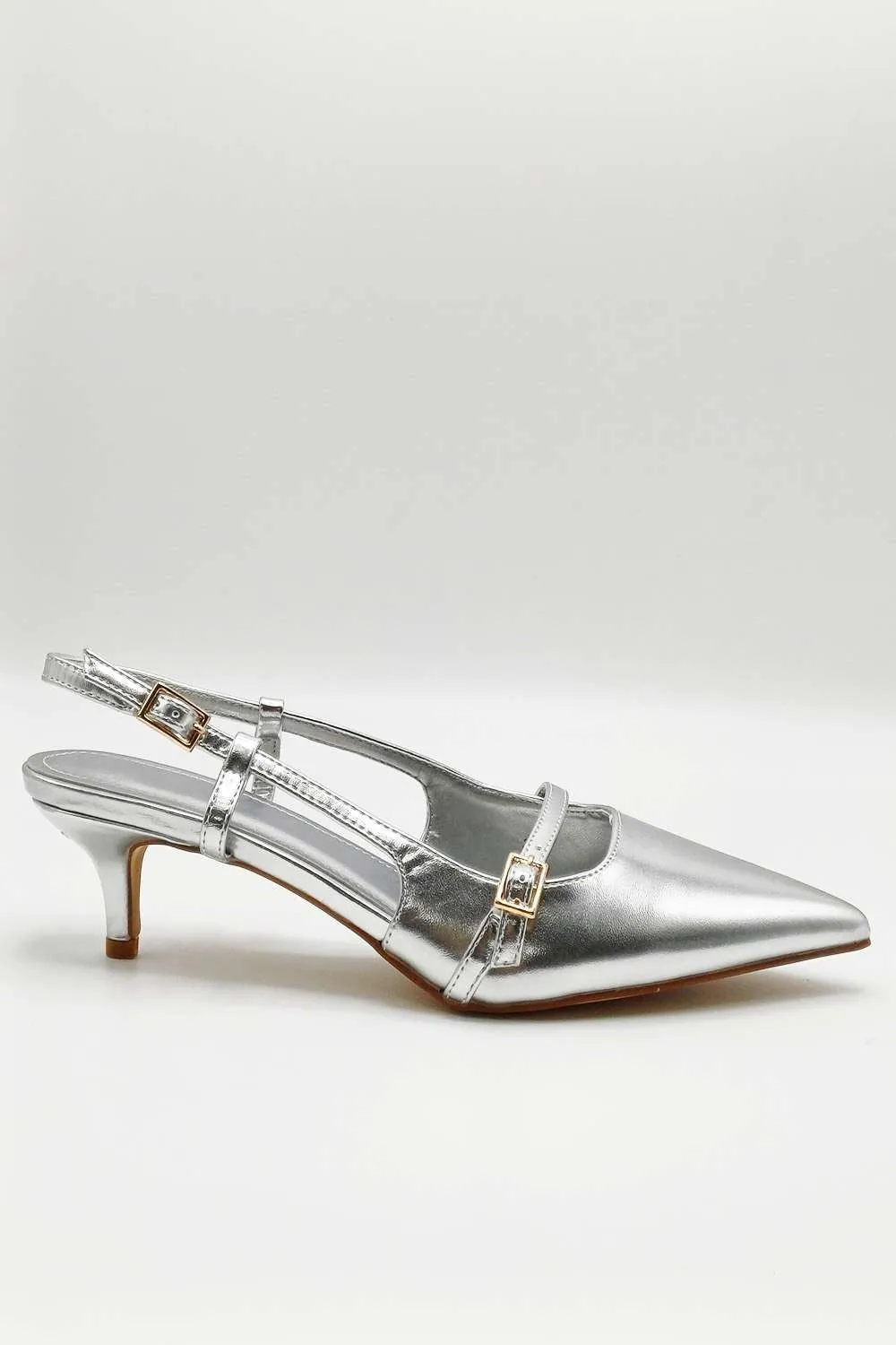 Moranna Buckle Strap Kitten Heel Court Shoes in Silver