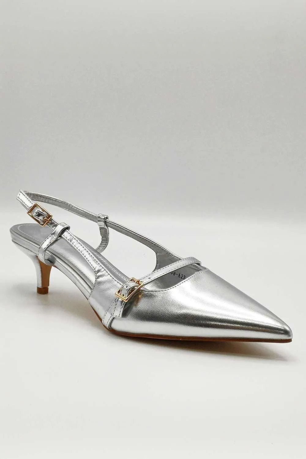Moranna Buckle Strap Kitten Heel Court Shoes in Silver
