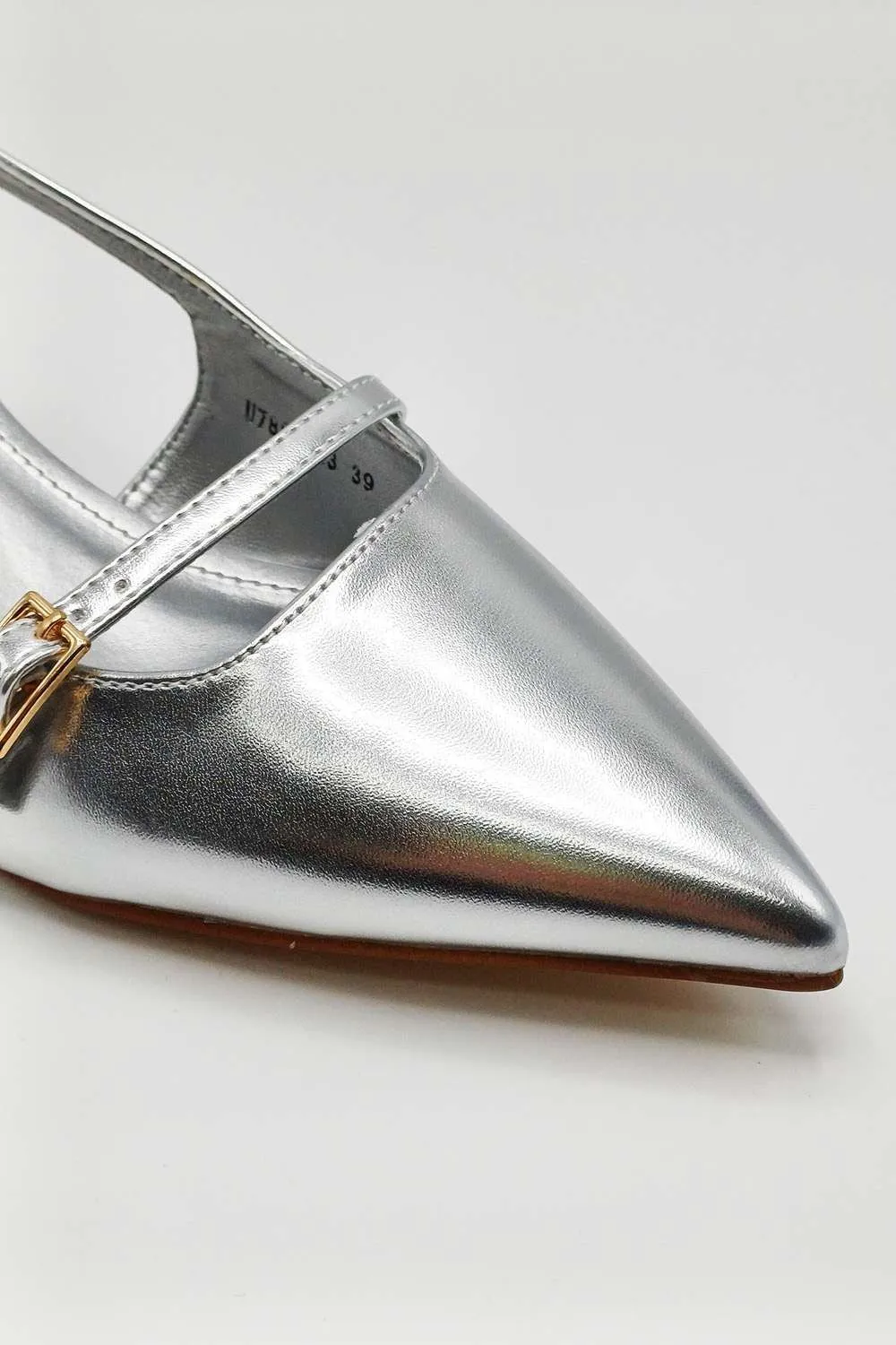 Moranna Buckle Strap Kitten Heel Court Shoes in Silver