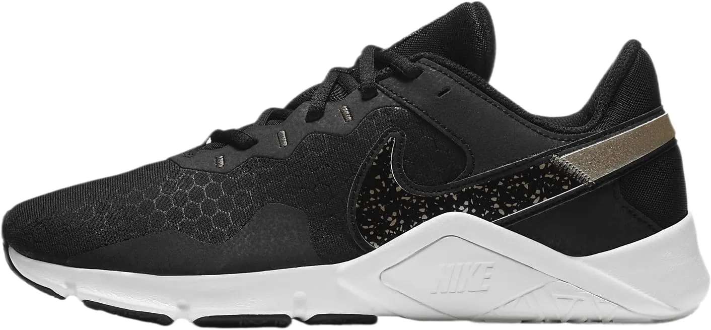 Nike Legend Essential 2 Women's Workout Shoes (CZ3668-001, Black/White/Metallic Gold Grain) Size 6.5