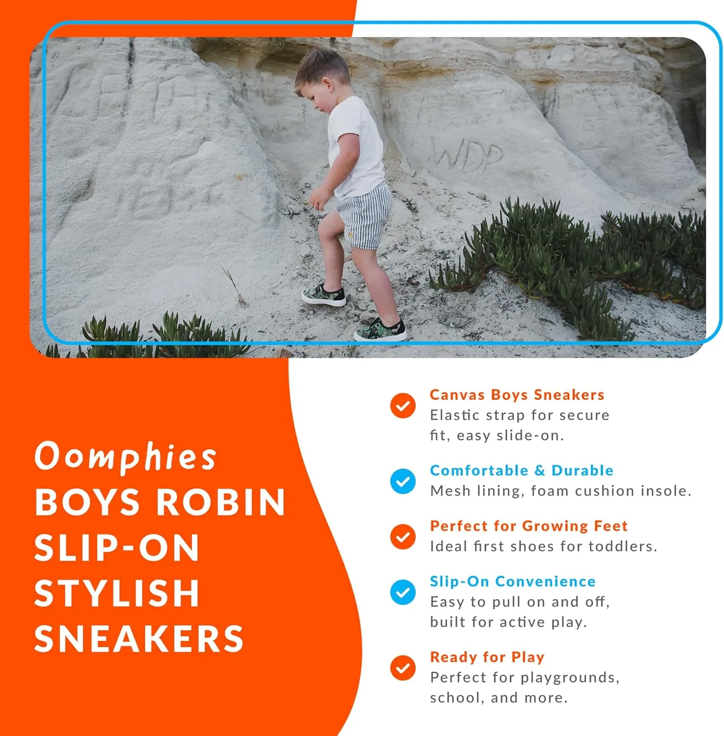 Oomphies Robin Boys Slip-On Sneakers  Canvas Upper, Elastic Strap, Cushioned Insole & Durable Rubber Sole