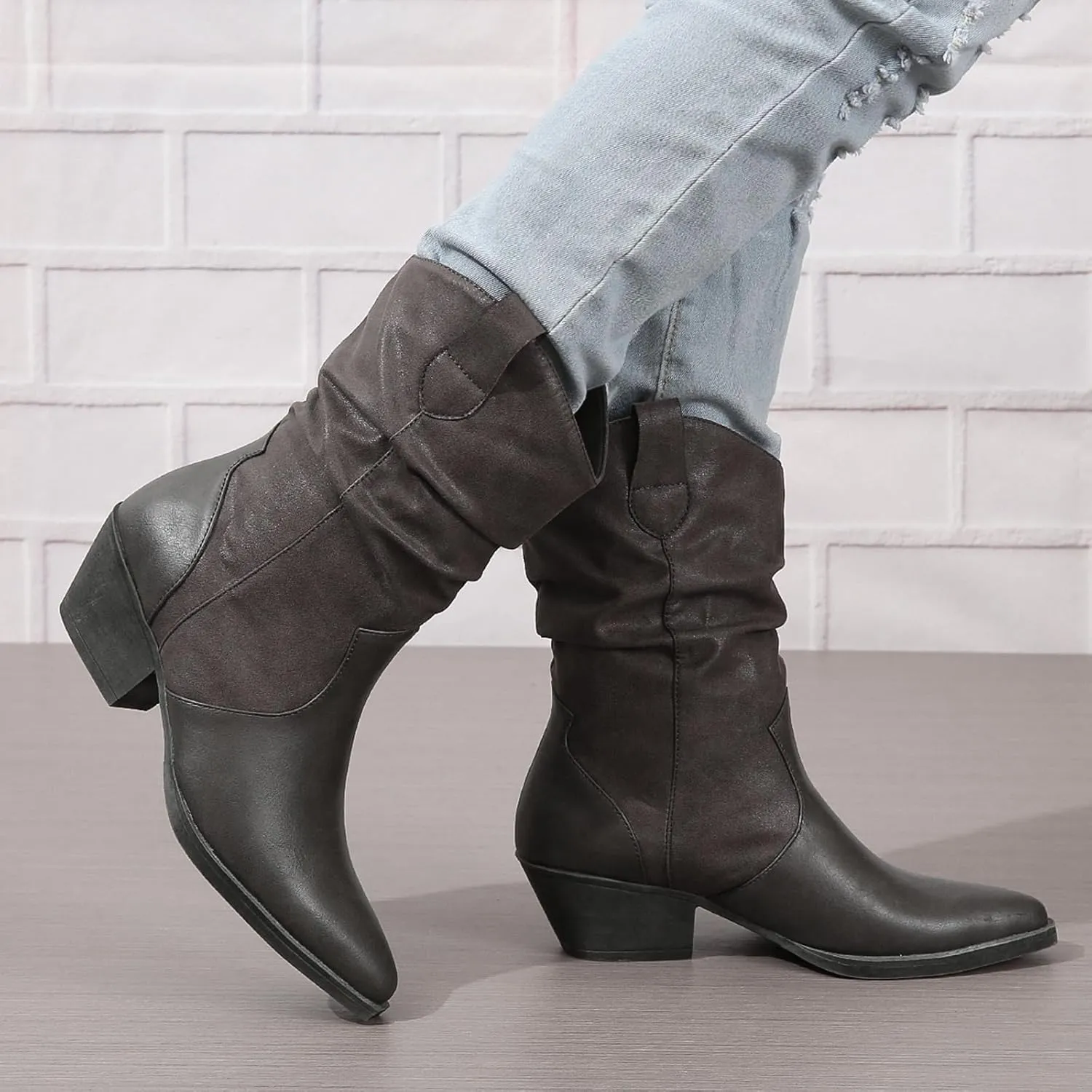 SACFOF Women's Western Cowboy Distressed Boot Faux Leather Durable Stack Heel and Ankle Style Cowgirl Ankle Boots