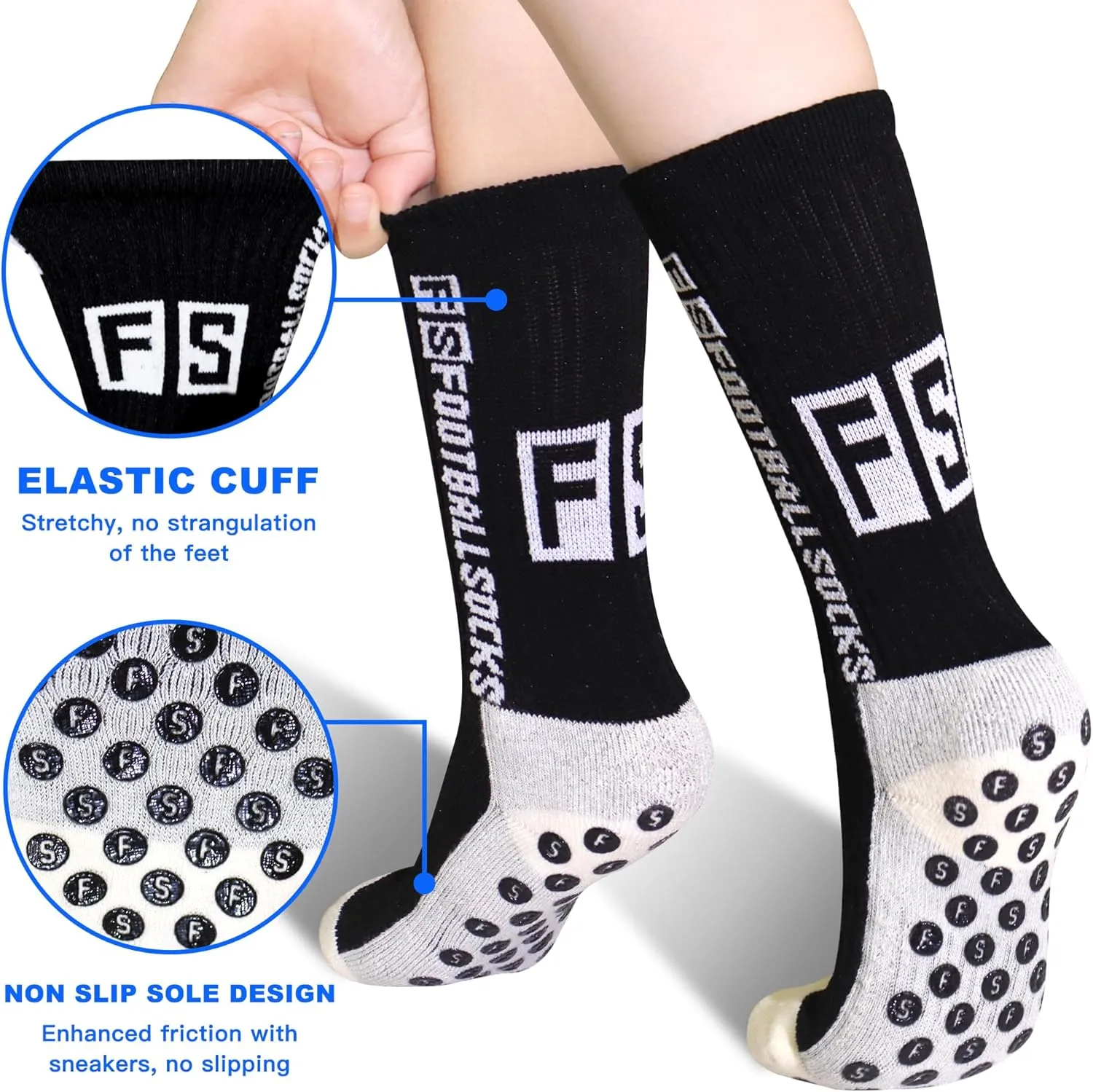 SkiBeaut Kid Youth Athletic Socks, 6 Pairs Anti Skid Soccer Football Young Teen Slipper Grips Socks for Boys Girls 4-16 Years