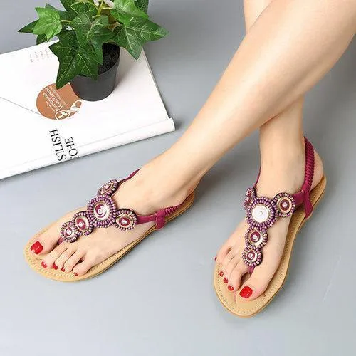 SOCOFY Rhinestone Clip Toe Bohemia Elastic Flat Sandals
