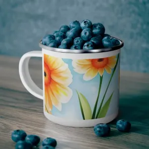 Stainless Steel Enamel Camping Mug with White Flowers