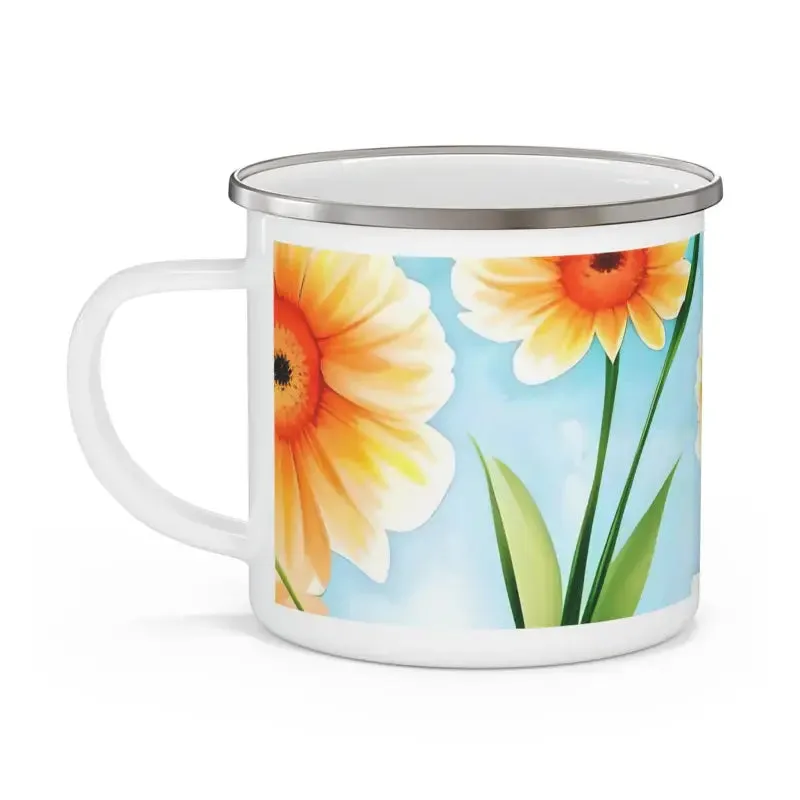 Stainless Steel Enamel Camping Mug with White Flowers