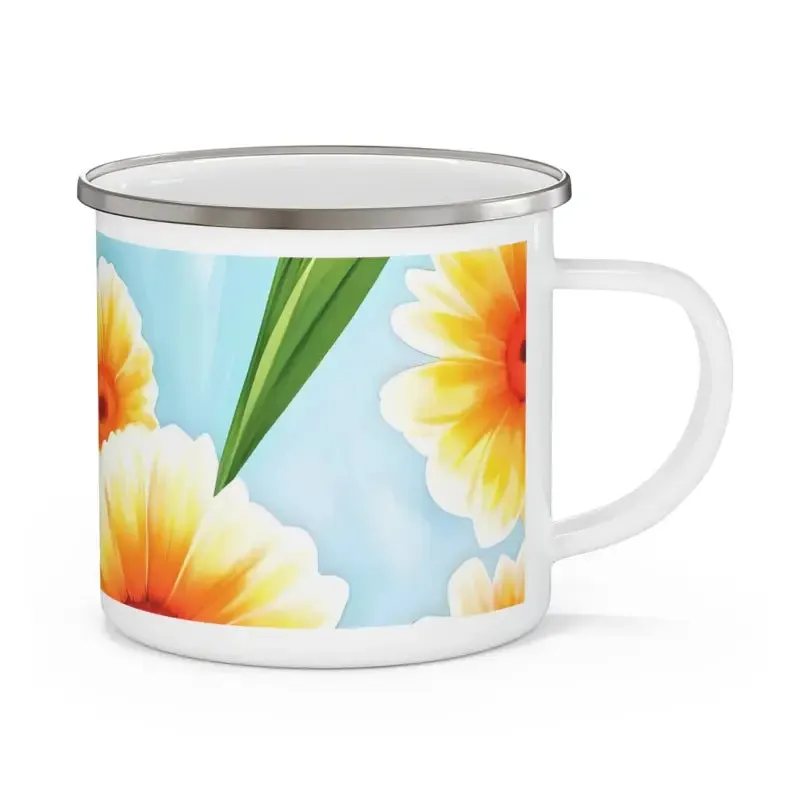 Stainless Steel Enamel Camping Mug with White Flowers