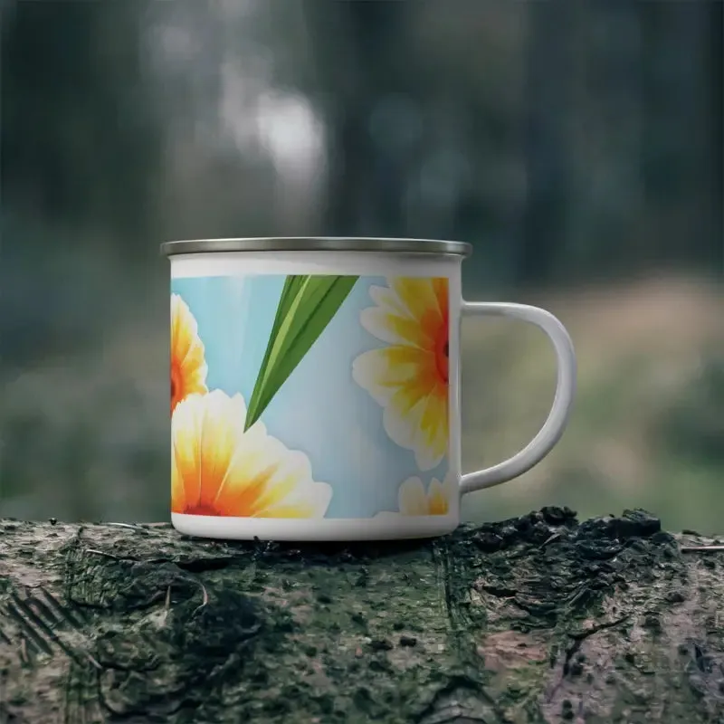 Stainless Steel Enamel Camping Mug with White Flowers