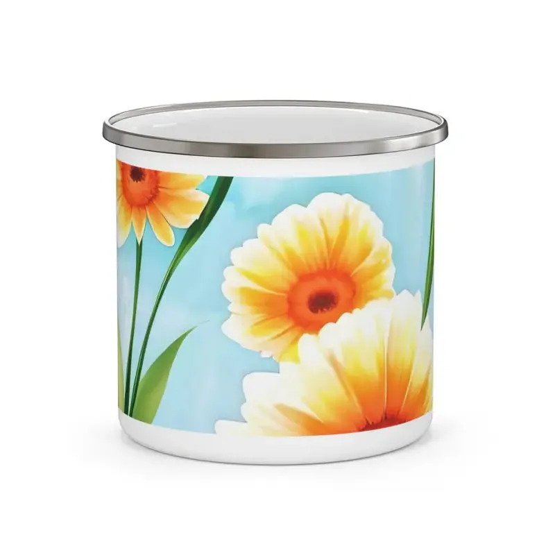 Stainless Steel Enamel Camping Mug with White Flowers