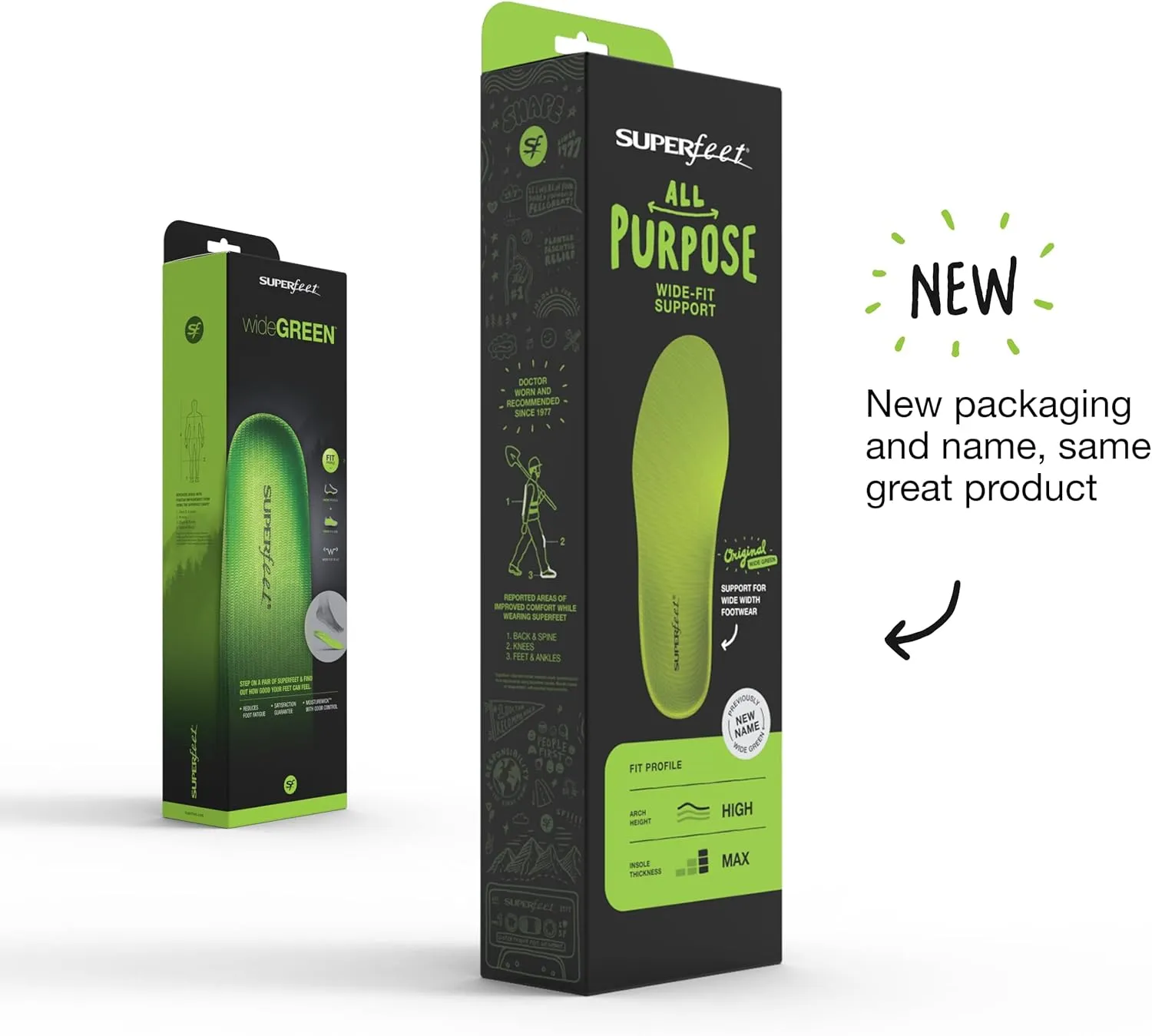 Superfeet All-Purpose Wide-Fit Support Insoles (WideGreen) - for Wide Footwear Only - Trim-to-Fit Orthotic Arch Support Shoe Inserts