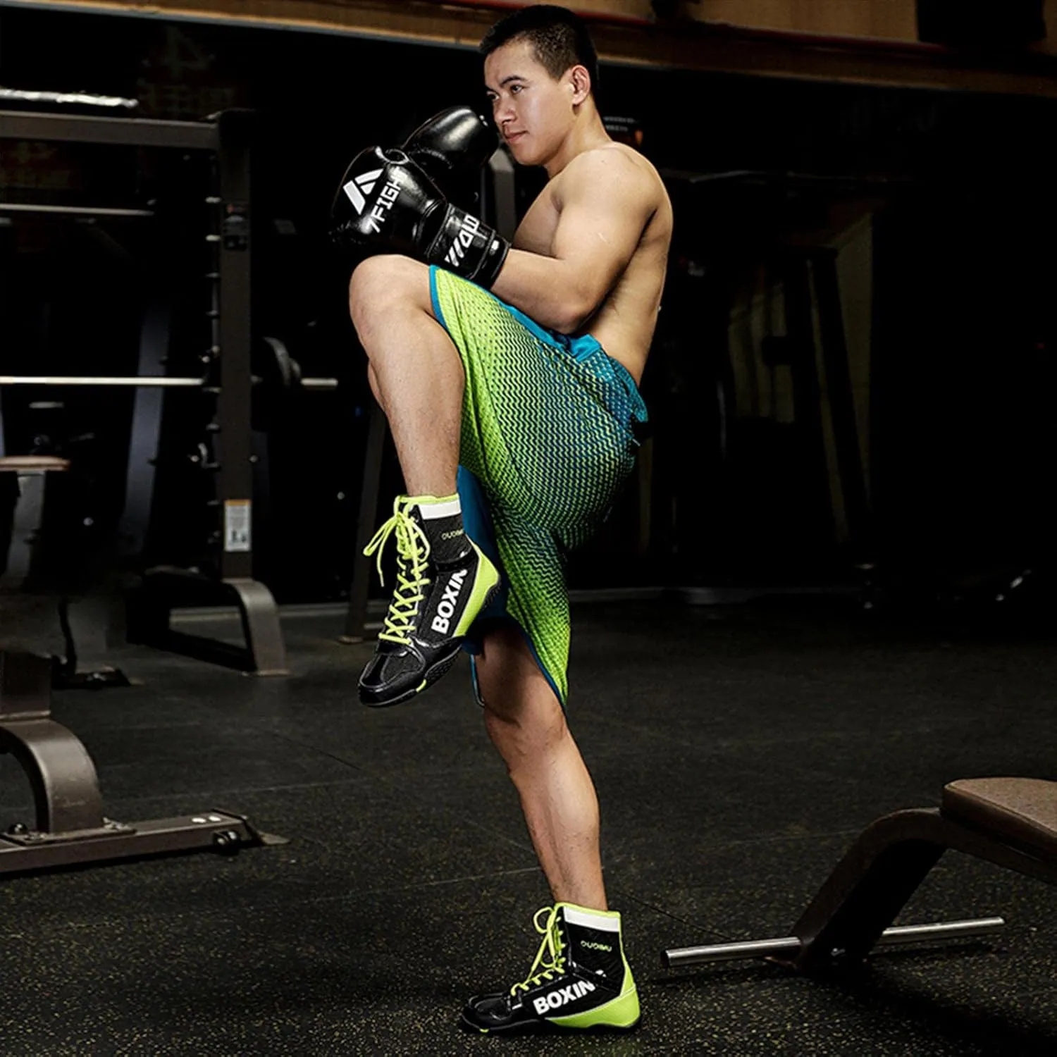TECDOTO Boxing Shoes Men's High Top Race Training Shoes Breathable Lightweight Boxing Boots Anti-Slip Ankle Guards Gym Weightlifting MMA Shoes,Green-black-11