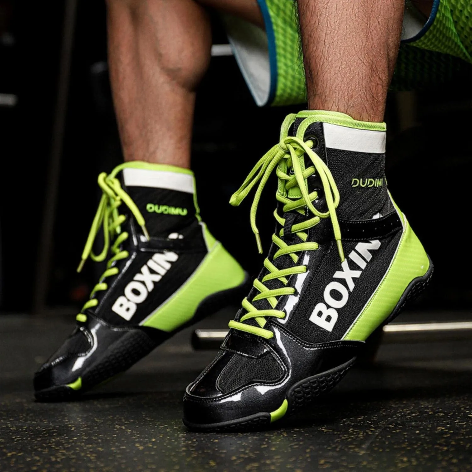 TECDOTO Boxing Shoes Men's High Top Race Training Shoes Breathable Lightweight Boxing Boots Anti-Slip Ankle Guards Gym Weightlifting MMA Shoes,Green-black-11