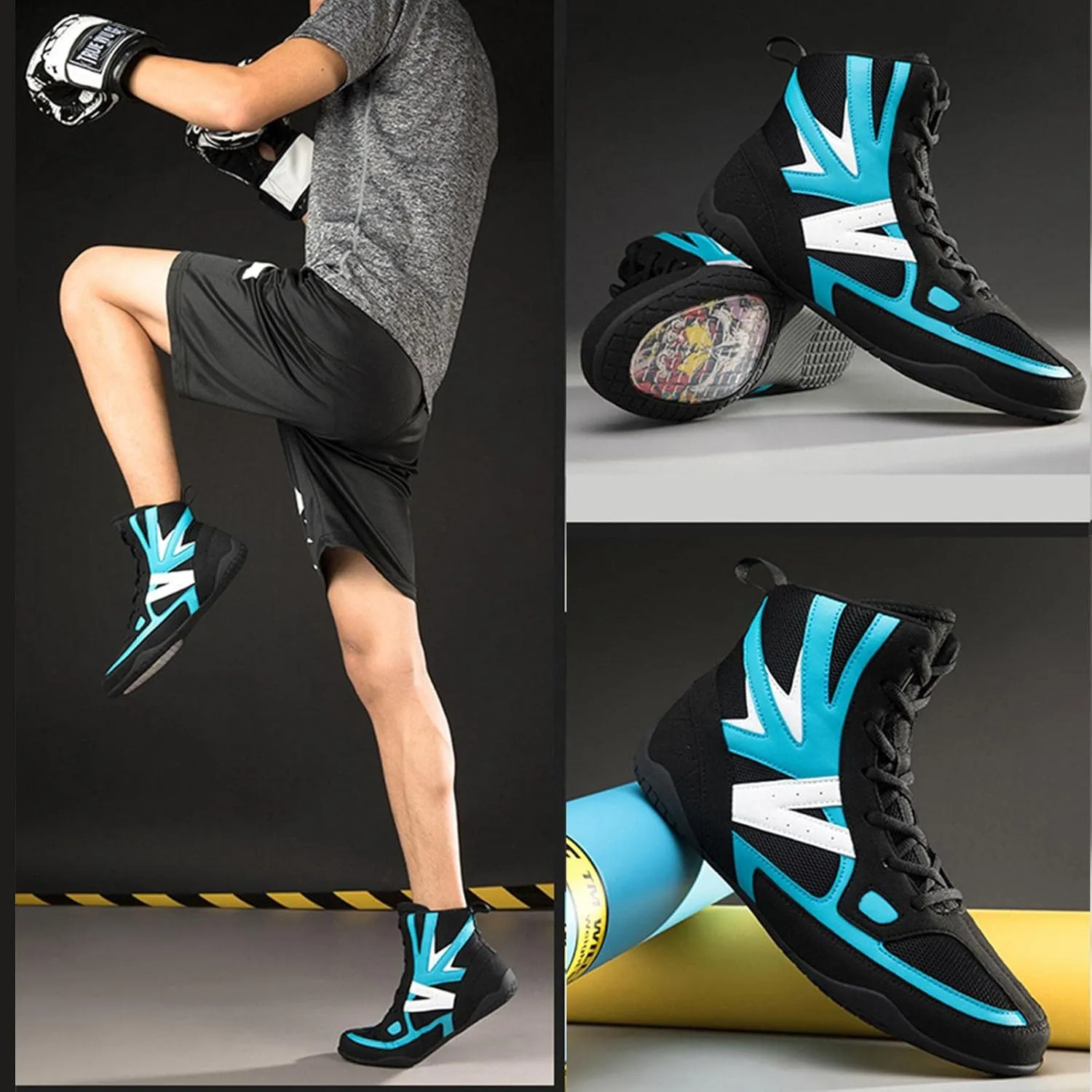 TECDOTO High Top Boxing Shoes,Wrestling Shoes for Men,Training Shoes Suitable for Wrestling,Boxing and Weightlifting,Blue2-44EU