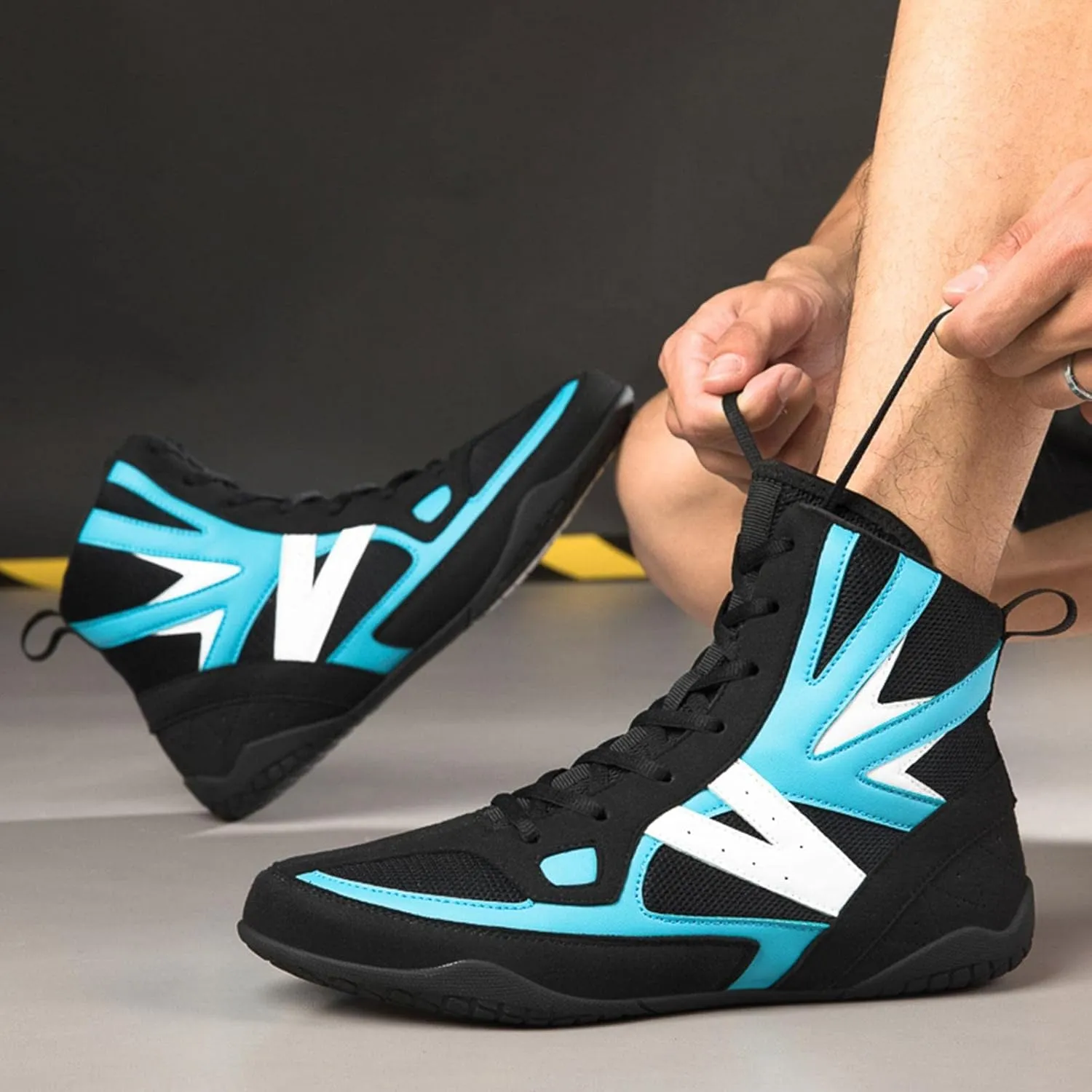 TECDOTO High Top Boxing Shoes,Wrestling Shoes for Men,Training Shoes Suitable for Wrestling,Boxing and Weightlifting,Blue2-44EU