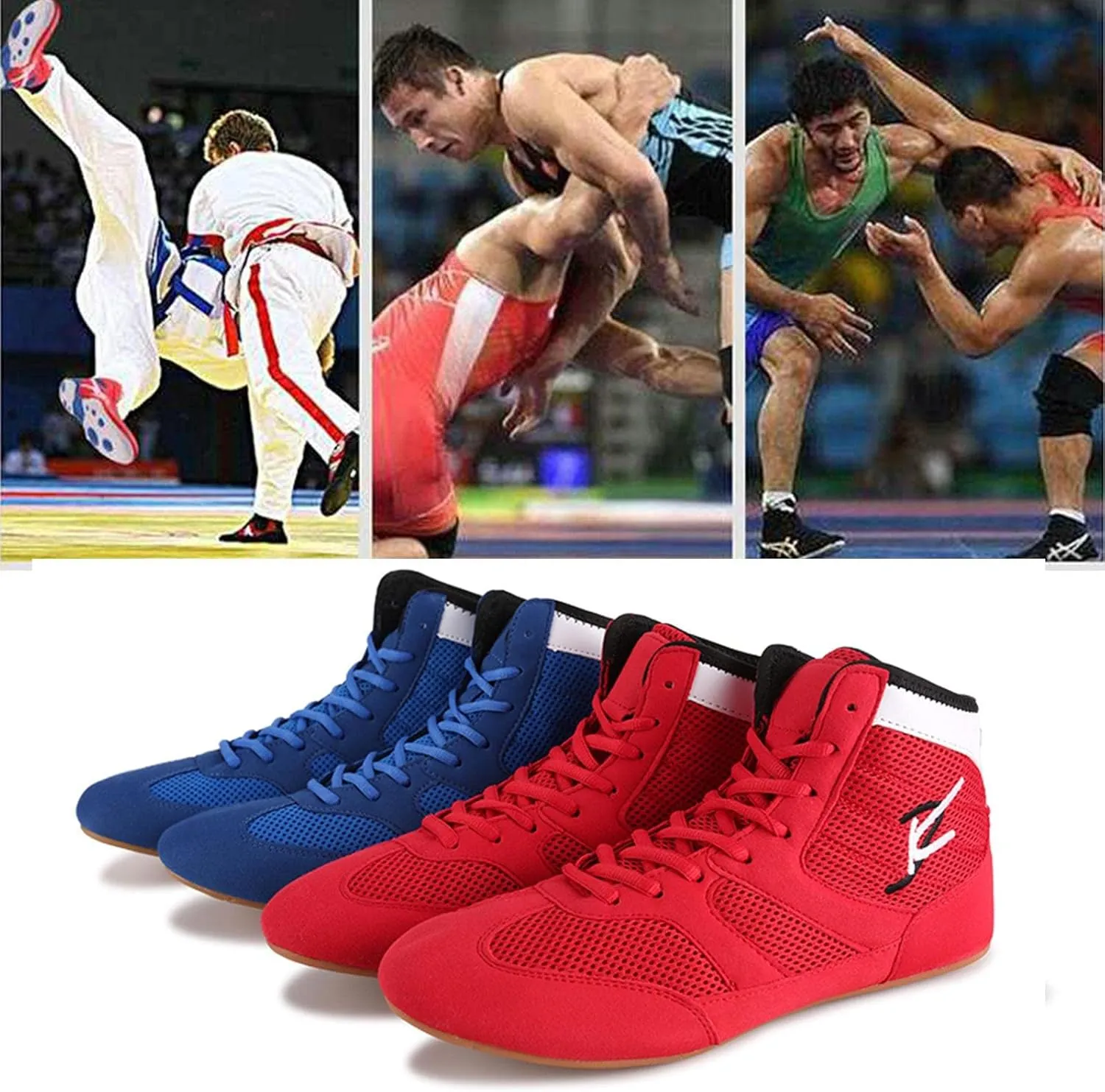 TECDOTO Men's Boxing Shoes Men Wrestling Shoes, Professional Boxing Boots Adult Sparring Trainers Shoes for Bodybuilding Weightlifting MMA Combat Training Shoes,Blue-8