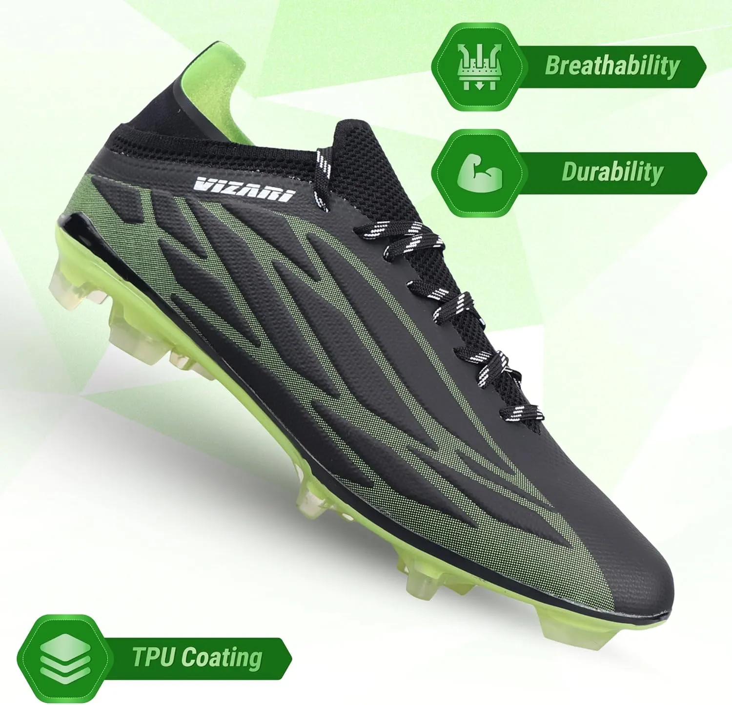 Vizari Provo FG Adult Soccer Cleats for Men & Women | Black/Lime Firm Ground Soccer Shoes | Wide Width Football Shoes for Outdoor Play | Transparent Studs Football Shoes for Better Traction