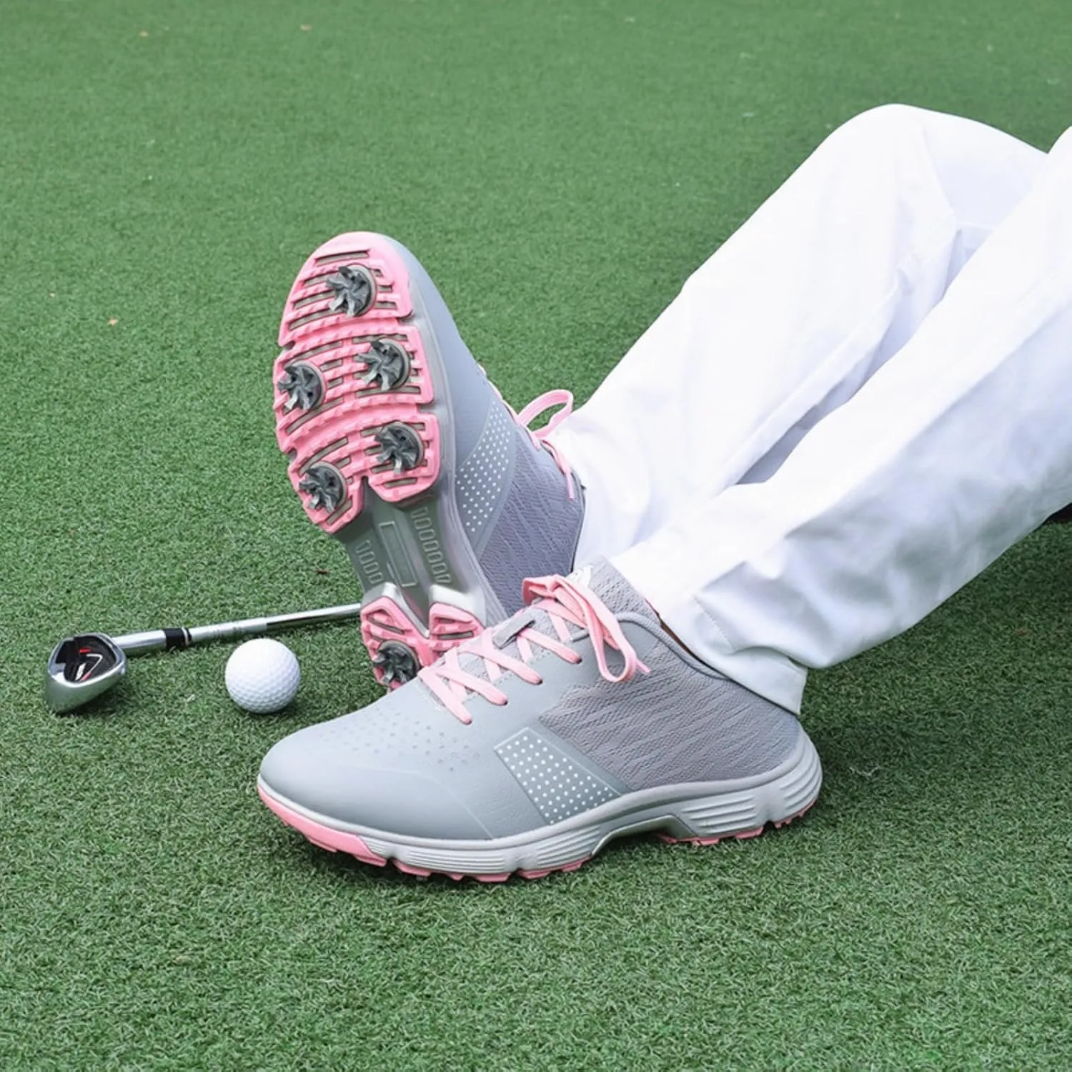 Waterproof Women's/Girl Golf Shoes Spiked Red Golf Trainers Outdoor Anti-Slip Comfort Leather Sneakers Walking Footwears Ladies' for Birthday Gift