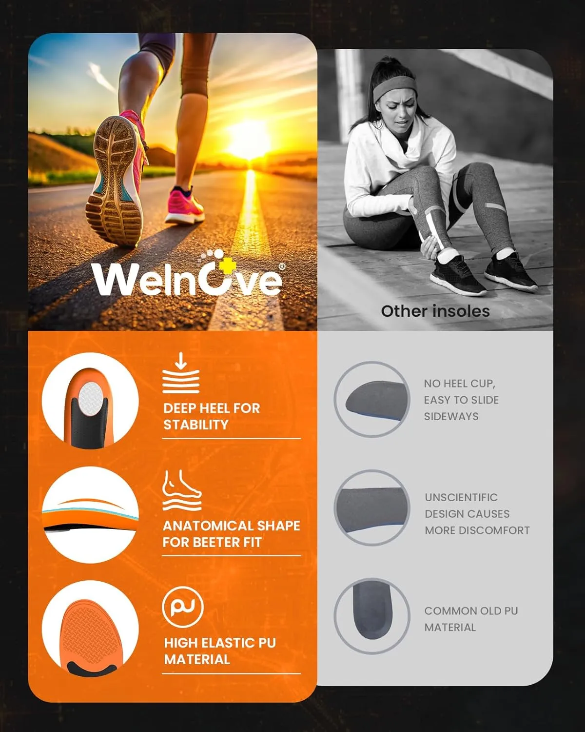 Welnove Performance Running Insoles for Men & Women - Shock Absorption Athletic Shoe Inserts with Low Arch Support, Reduce Muscle Fatigue, Prevent Injuries & Boost Speed - Sneaker Inserts - L