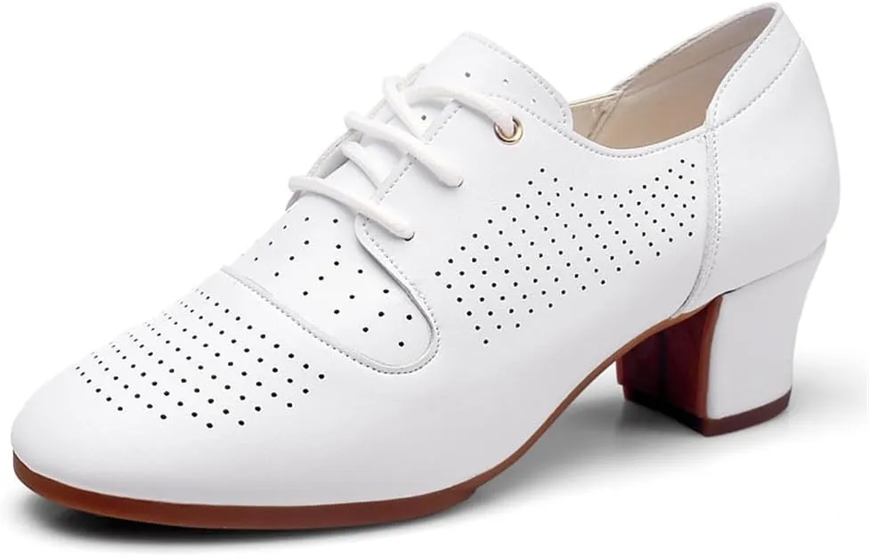 Womens Dance Sneakers, Outdoor Rubber Sole Jazz Shoes Lace-Up Ballroom Trainers Non-Slip Leather Ladies Dancing Shoe