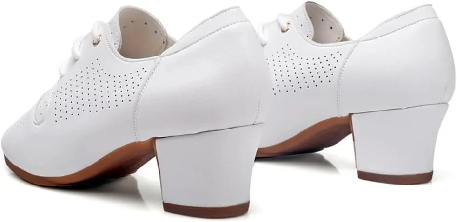 Womens Dance Sneakers, Outdoor Rubber Sole Jazz Shoes Lace-Up Ballroom Trainers Non-Slip Leather Ladies Dancing Shoe