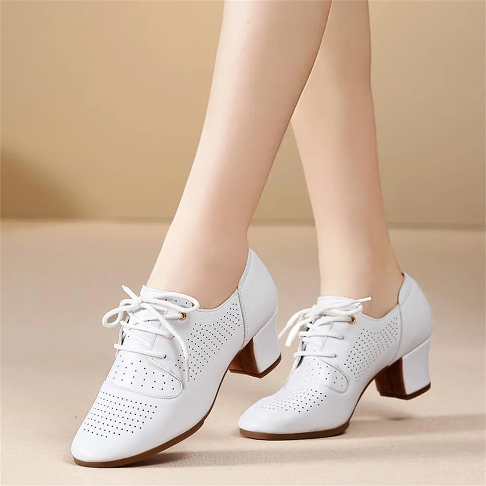 Womens Dance Sneakers, Outdoor Rubber Sole Jazz Shoes Lace-Up Ballroom Trainers Non-Slip Leather Ladies Dancing Shoe