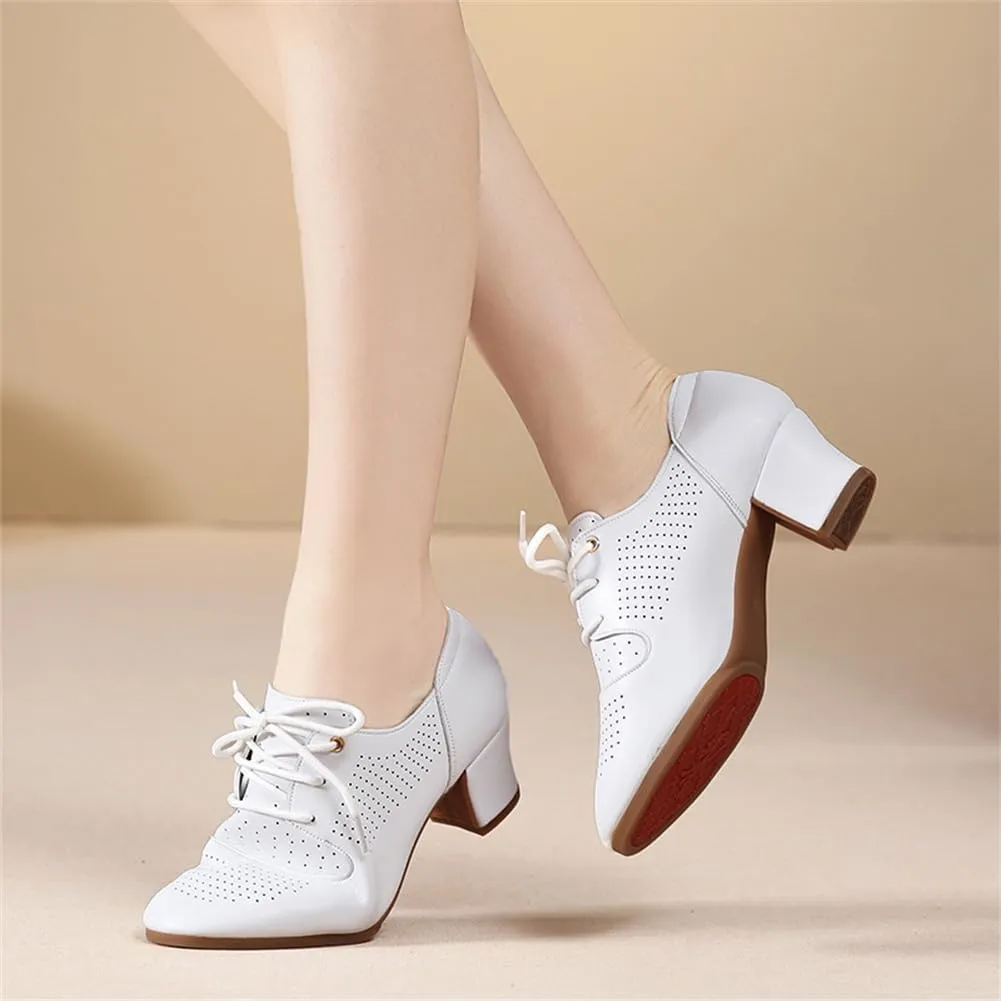 Womens Dance Sneakers, Outdoor Rubber Sole Jazz Shoes Lace-Up Ballroom Trainers Non-Slip Leather Ladies Dancing Shoe