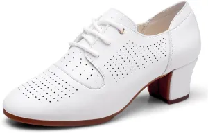 Womens Dance Sneakers, Outdoor Rubber Sole Jazz Shoes Lace-Up Ballroom Trainers Non-Slip Leather Ladies Dancing Shoe