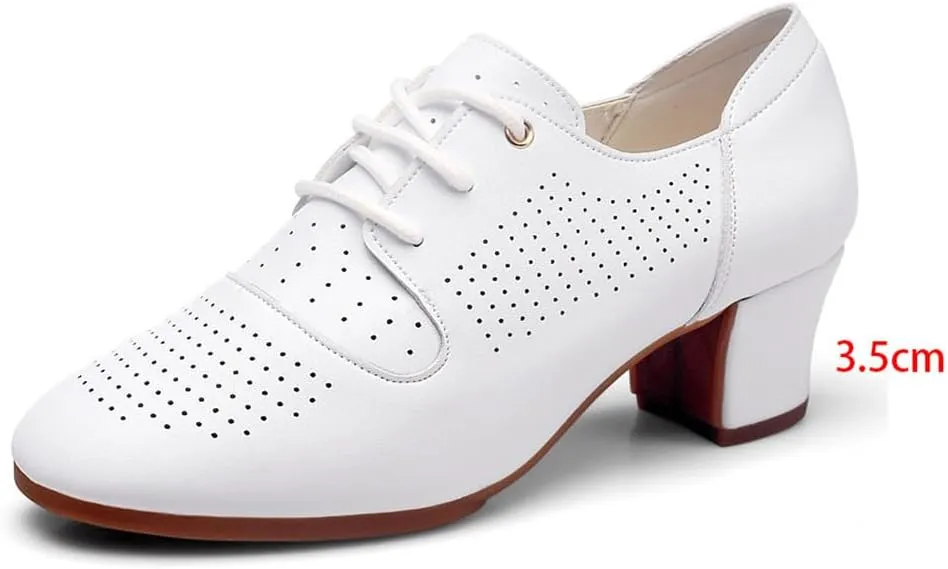 Womens Dance Sneakers, Outdoor Rubber Sole Jazz Shoes Lace-Up Ballroom Trainers Non-Slip Leather Ladies Dancing Shoe