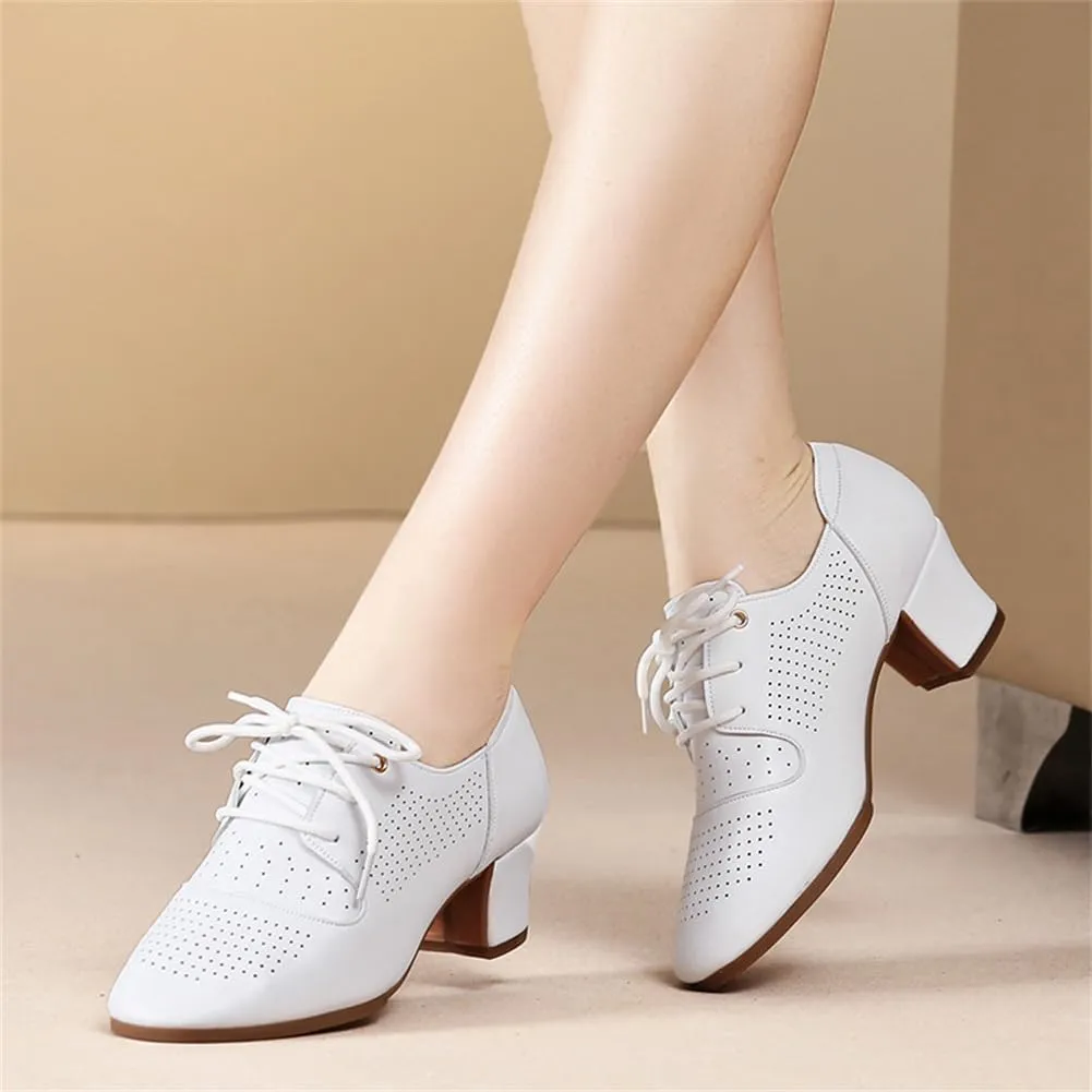 Womens Dance Sneakers, Outdoor Rubber Sole Jazz Shoes Lace-Up Ballroom Trainers Non-Slip Leather Ladies Dancing Shoe