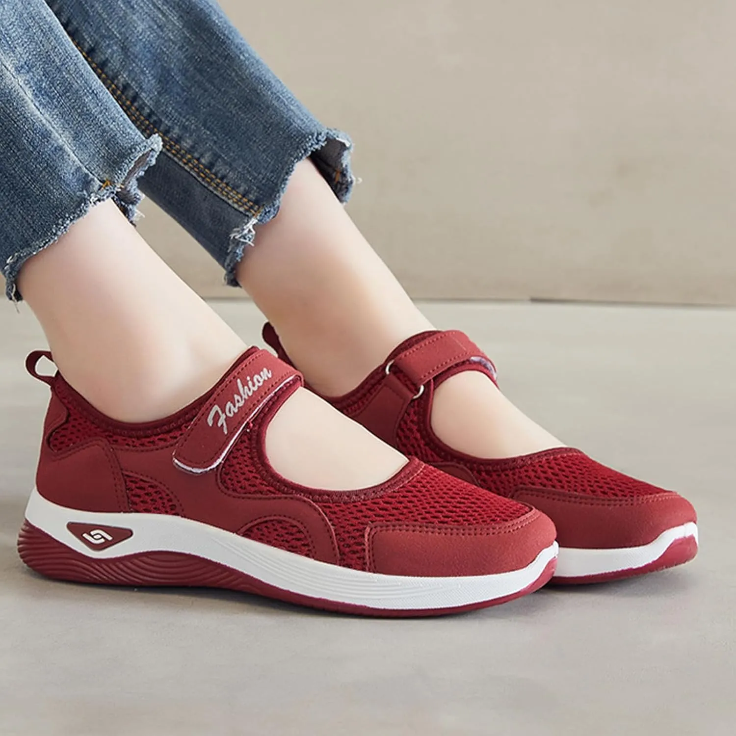 Womens Mesh Walking Shoes Working Nurse Shoes Non-Slip Adjustable Breathable Mesh Mary Janes Sneaker Lightweight Diabetes Heel Pain Plantar Fasciitis Shoe