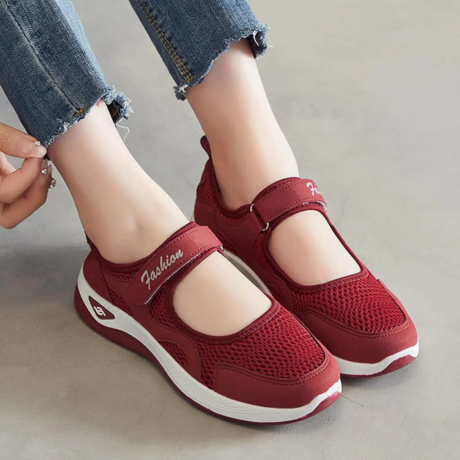 Womens Mesh Walking Shoes Working Nurse Shoes Non-Slip Adjustable Breathable Mesh Mary Janes Sneaker Lightweight Diabetes Heel Pain Plantar Fasciitis Shoe