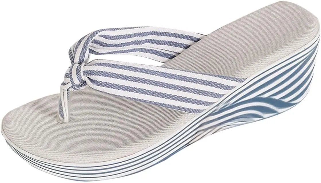 Women's Summer New Striped Print Wedge Heel Cute Flip Flops Slip-Resistant Durable Comfortable Cushioned Sandals
