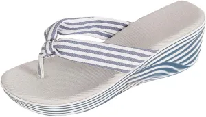 Women's Summer New Striped Print Wedge Heel Cute Flip Flops Slip-Resistant Durable Comfortable Cushioned Sandals