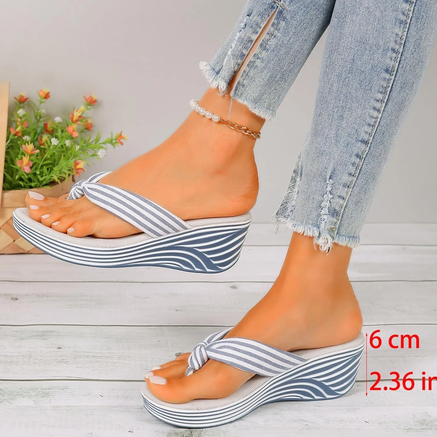 Women's Summer New Striped Print Wedge Heel Cute Flip Flops Slip-Resistant Durable Comfortable Cushioned Sandals