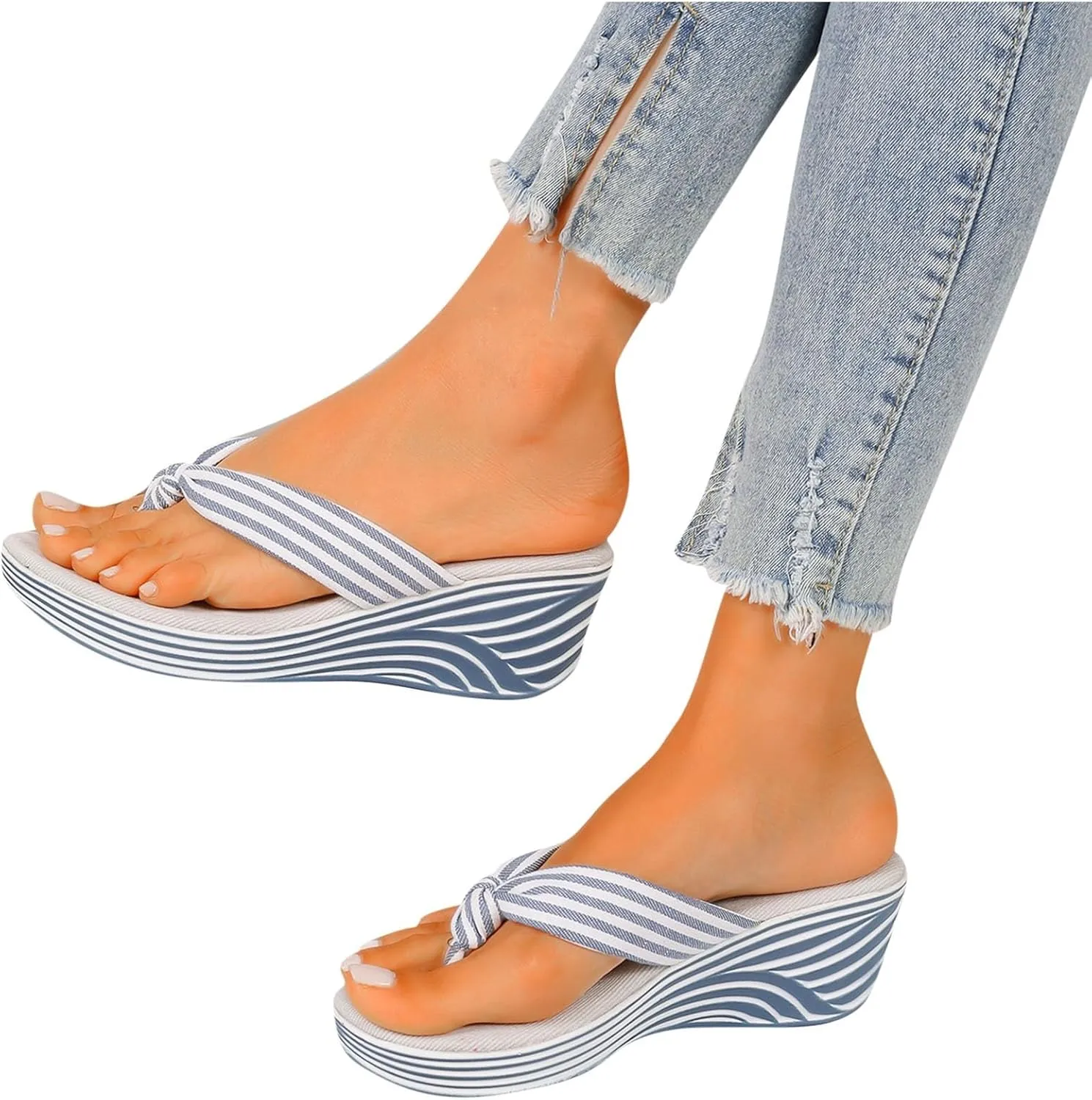 Women's Summer New Striped Print Wedge Heel Cute Flip Flops Slip-Resistant Durable Comfortable Cushioned Sandals